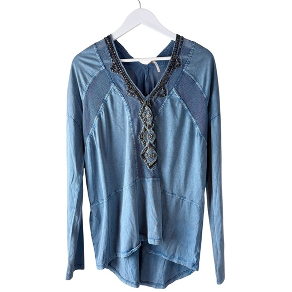 Free People Focus on the Center  Embellished Tunic Top L Blue Long Sleeve Boho - Picture 1 of 10